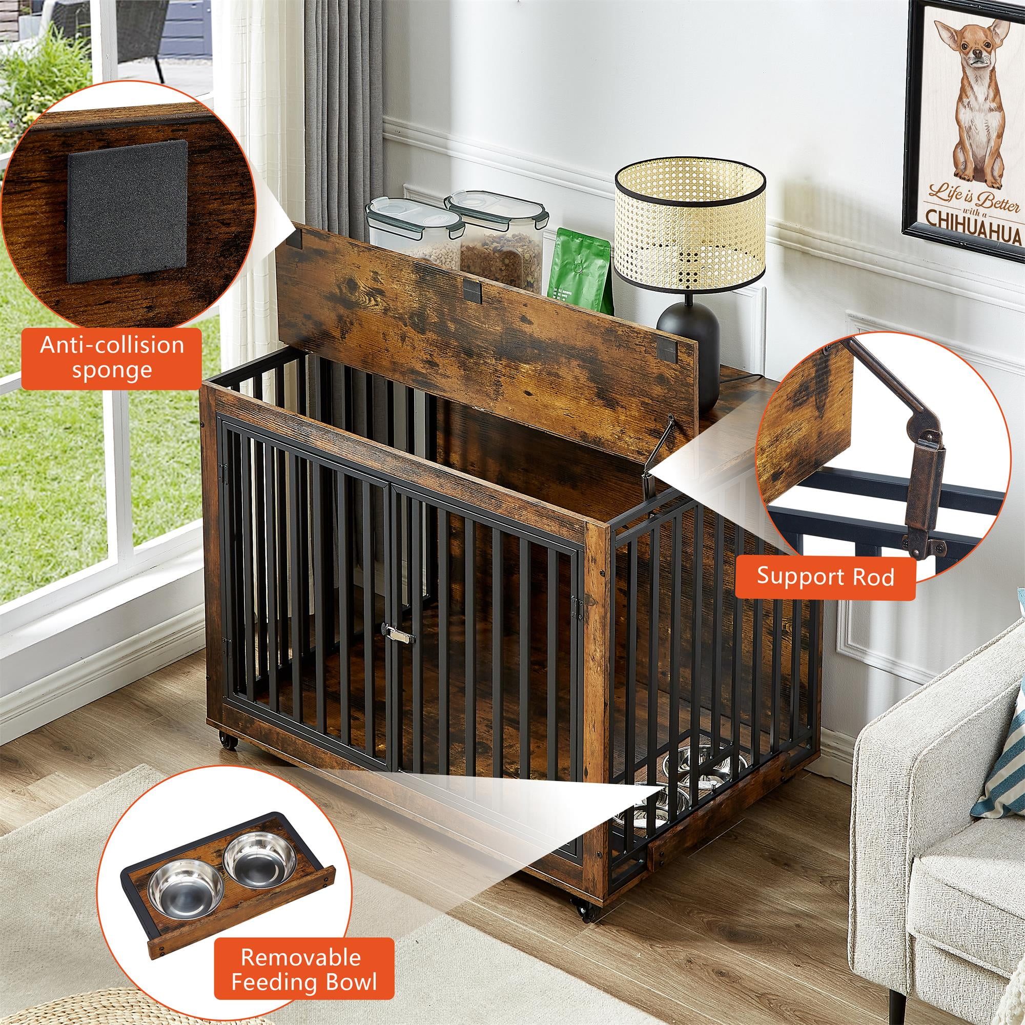 Pefilos 43" Dog Crate Furniture with Wheels, Wood Dog Cages for Medium Dogs, Double Door Dog Kennel, Dog House for Indoor, Brown Pefilos 43" Dog Crate Furniture with Wheels, Wood Dog Cages for Medium Dogs, Double Door Dog Kennel, Dog House for Indoor, Brown