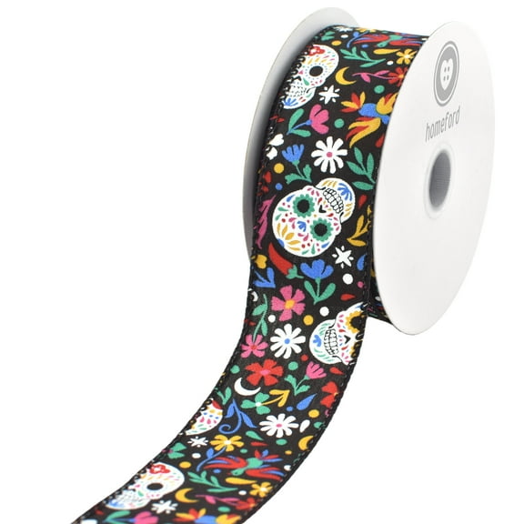 Homeford Halloween Calaveras Skull Satin Wired Ribbon, 1-1/2-inch, 10-yard, Black