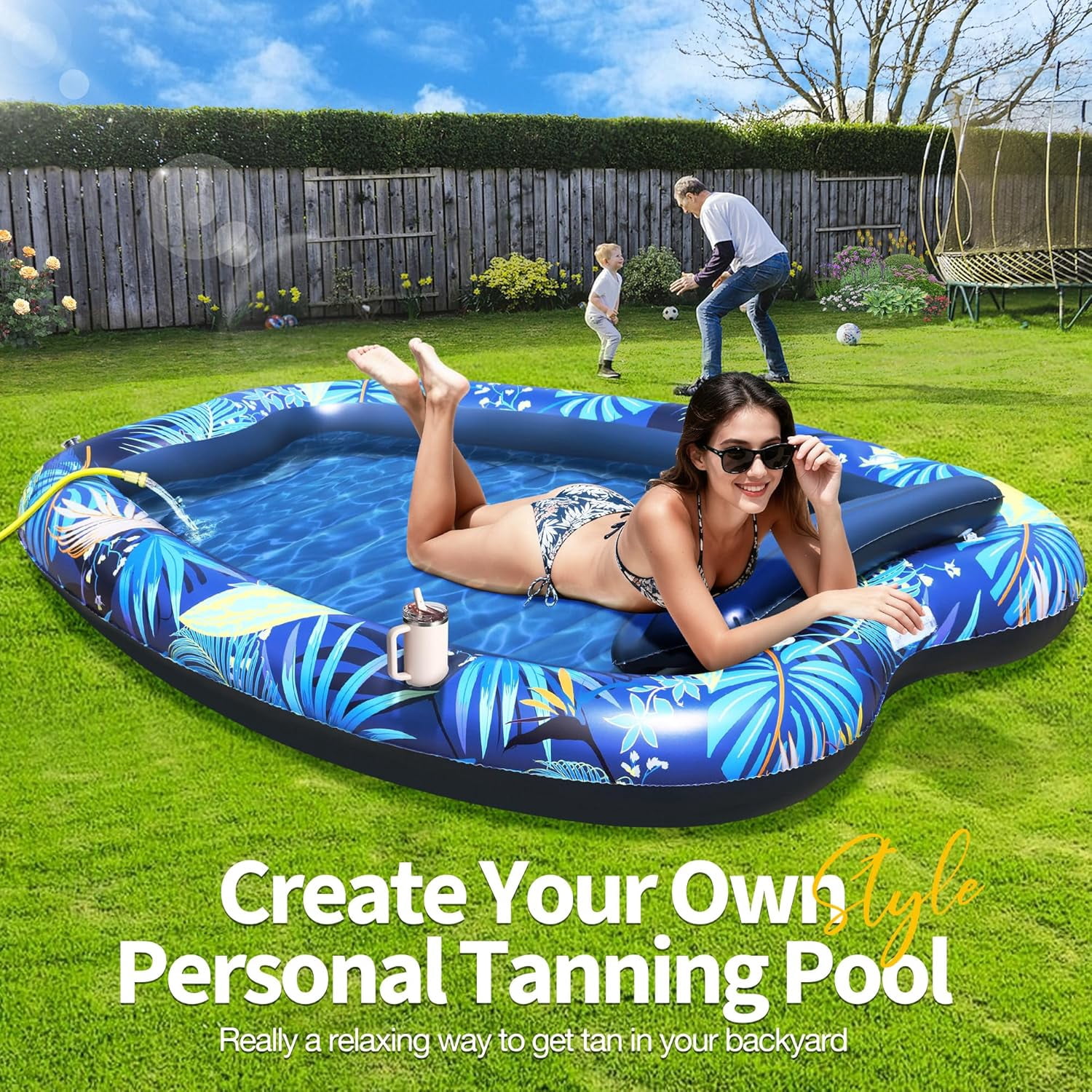 2026 Luxury 2 Person Inflatable Tanning Pool Lounger Float, 90 x 67 Inch Extra Large Inflatable Tanning Bed, Sunbathing Pool with Drink Holders & Handles, Personal Suntan Tub for Backyard
