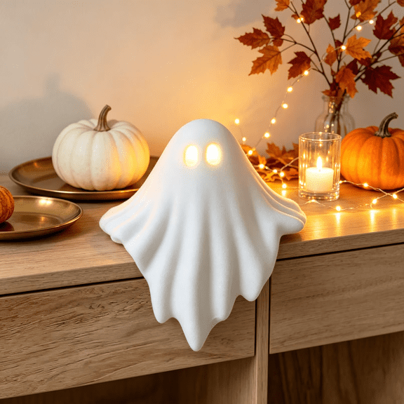 LOWLHOME Light Up Ghost Halloween Decorations, Cute LED Glowing Ghost Shelf Sitter, Spooky Table Edge Ornament Figurine for Indoor Mantel Fireplace Home Party Decor, 4 in