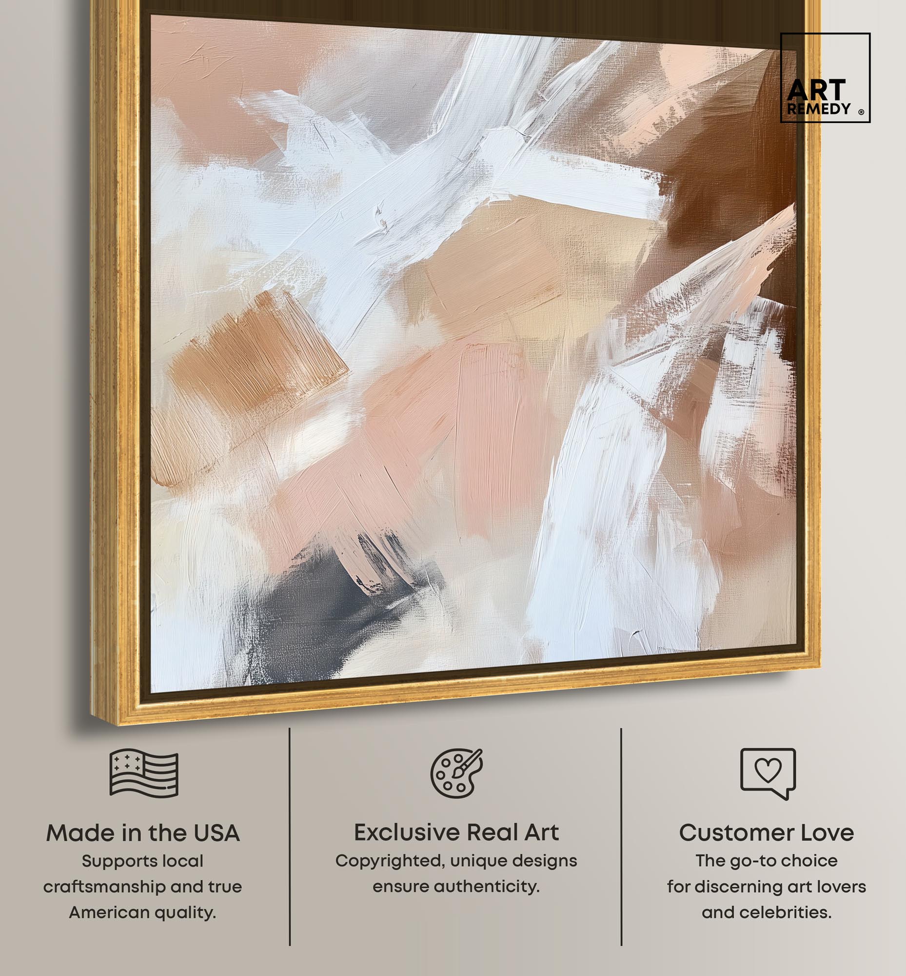 Taupe and Ash I Canvas Boho Minimalist by Art Remedy, Gold Frame, 30 x 30