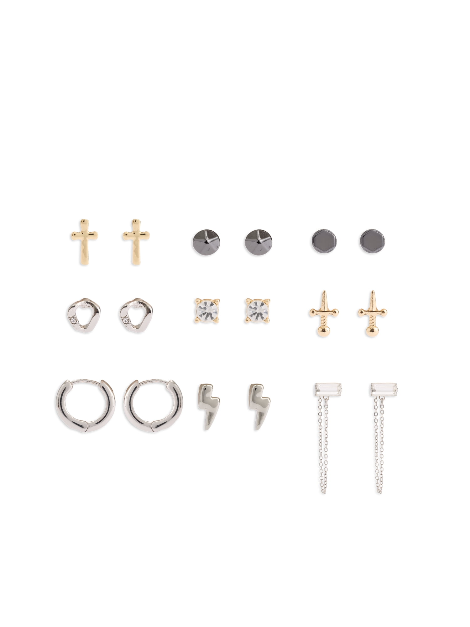 Madden NYC Women's Fashion Tri Tone Stud and Baguette Swag Chain Mixed Earring Set, 9-Piece