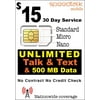 $15 SIM Card UNLIMITED Text Talk 500MB 2G 3G 4G LTE Data - 30 Day Service - No Contract No Activation Fee
