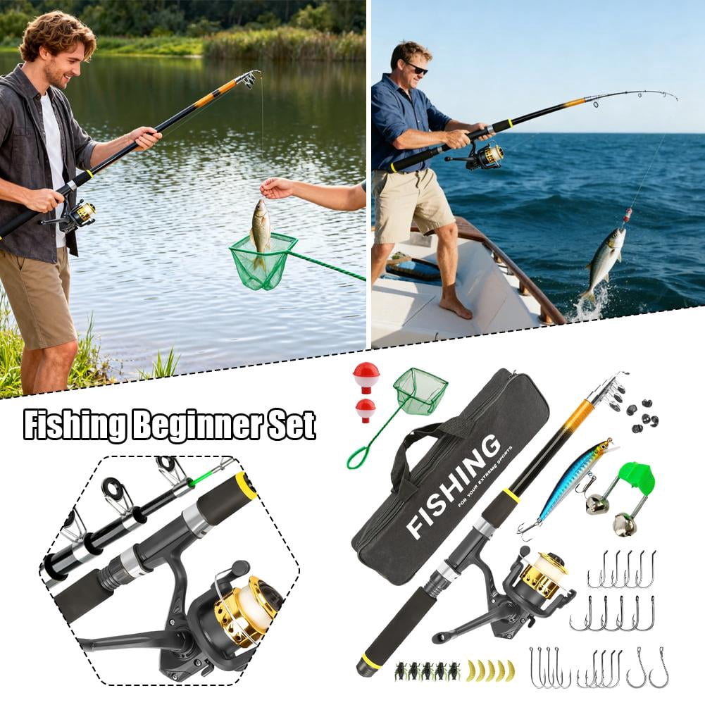 Complete Fishing Starter Kit with 2.1m Telescopic Rod Reel Lures Net and Carry Bag for Beginners