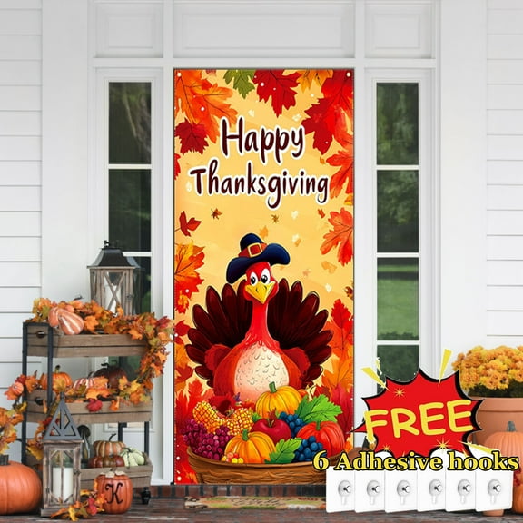 Tarmeek Thanksgiving Door Cover Decorations, Cute Turkey Backdrop Front Door Cover Thanksgiving Day Decor Hanging Banner, Photography Background for Home Holiday Thanksgiving Decorations