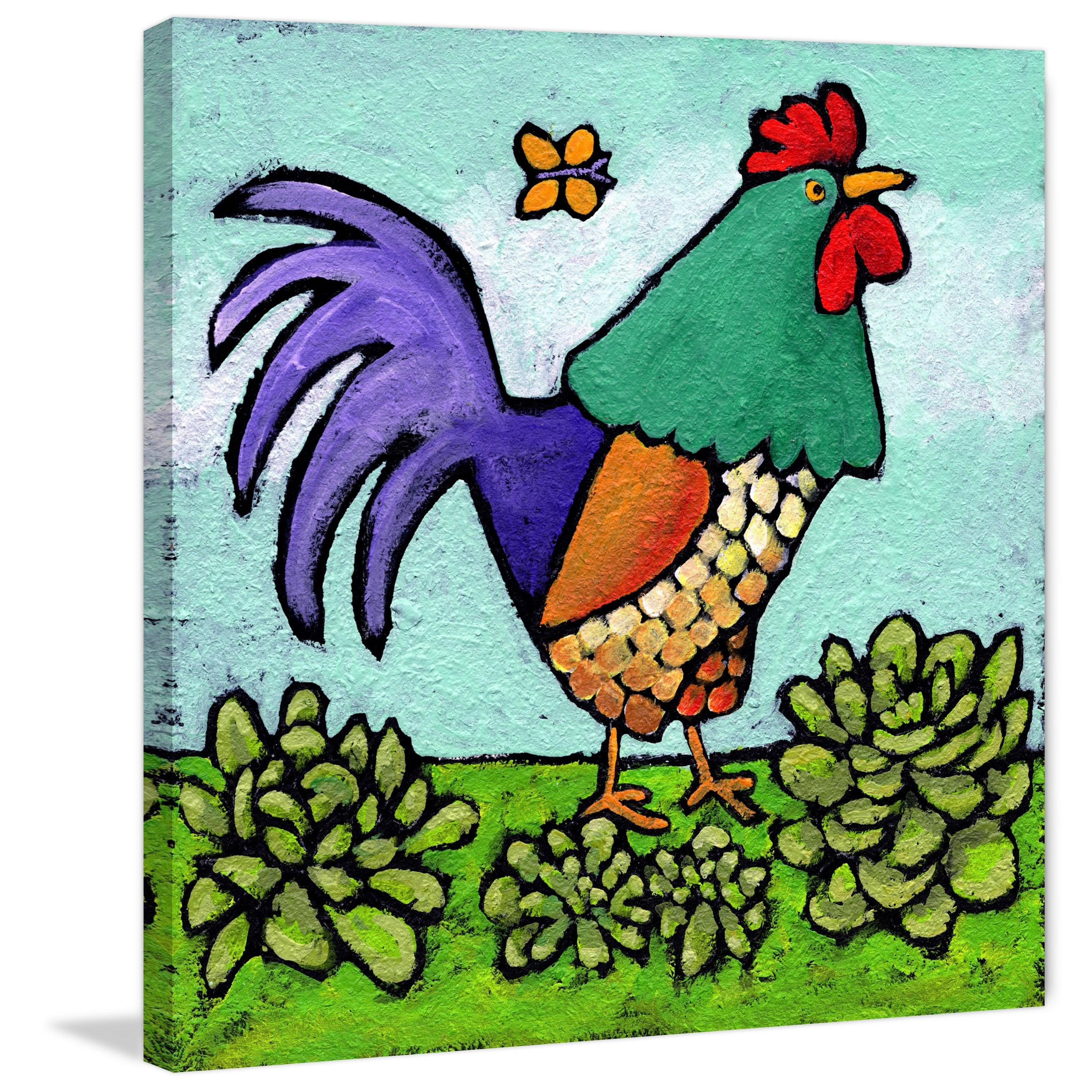 Marmont Hill - "Rooster and Butterfly" by Janet Nelson Painting Print on Wrapped Canvas