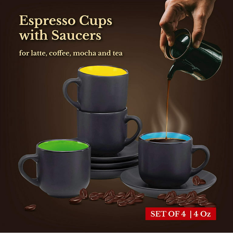 Bruntmor Espresso Cups with Saucers - 4 Ounce - Matte Black Exterior, Solid Color Interior - Set of 4