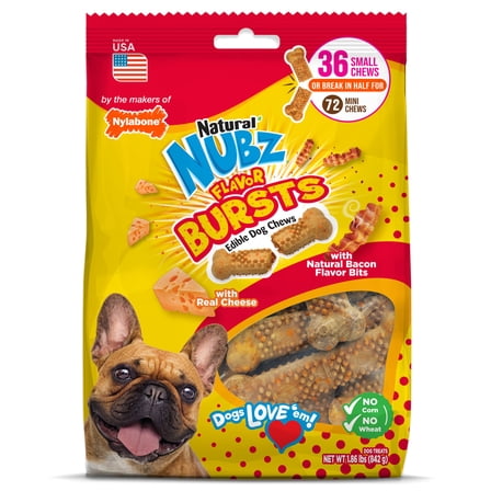 Nylabone Nubz Flavor Bursts Natural Dog Chew Treats Bacon & Cheese Flavor, Small (36 Count)