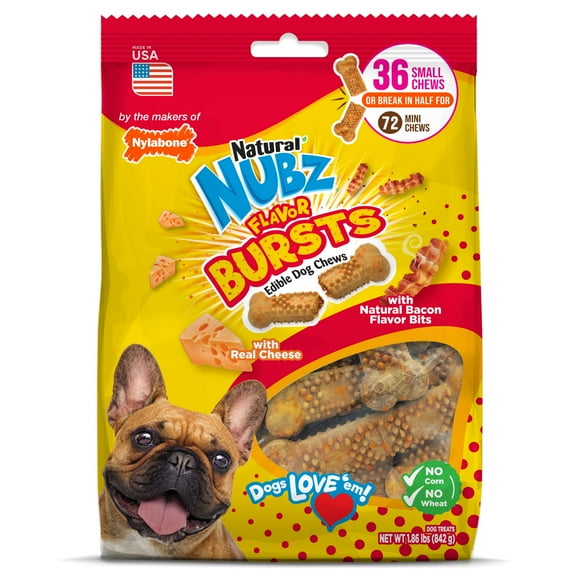Nylabone Nubz Flavor Bursts Natural Dog Chew Treats Bacon & Cheese Flavor, Small (36 Count)