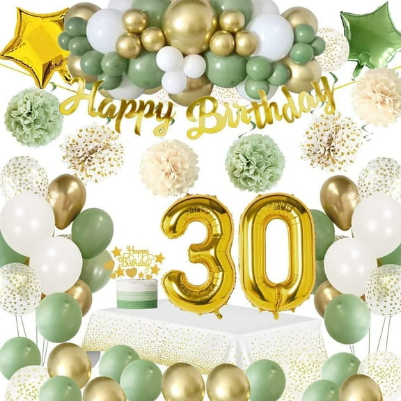 30th Birthday Decorations for Women Men,Green Birthday Party Decorations with Avocado Green Balloons, Banner, Cake Topper,Tablecloth,Pompons