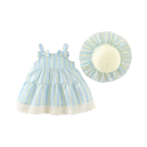 Miqool Toddler Baby Girl Dress Infant Newborn Clothes Summer Sleeveless Layer Ruffled Lace Princess Dresses Beach Sundress with Starw Hat for Kids 6M-3T