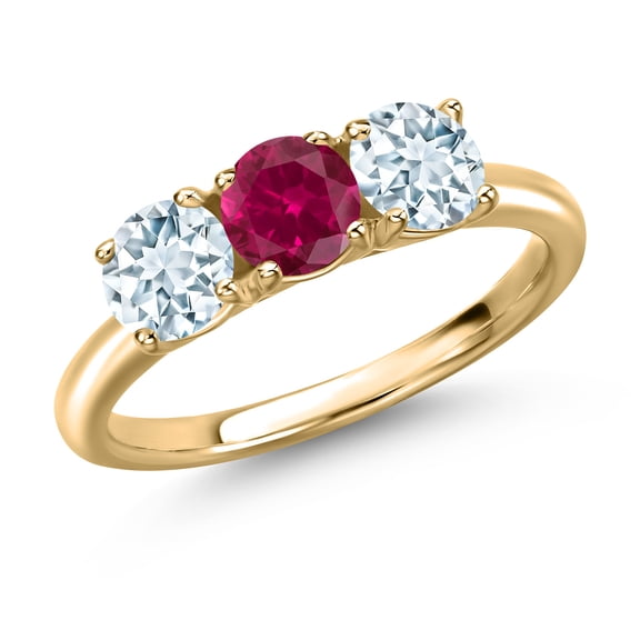 Gem Stone King 10K Yellow Gold Red Created Ruby and Sky Blue Aquamarine Engagement Ring for Women | 1.60 Cttw | Round 5MM | Gemstone July Birthstone | Size 5