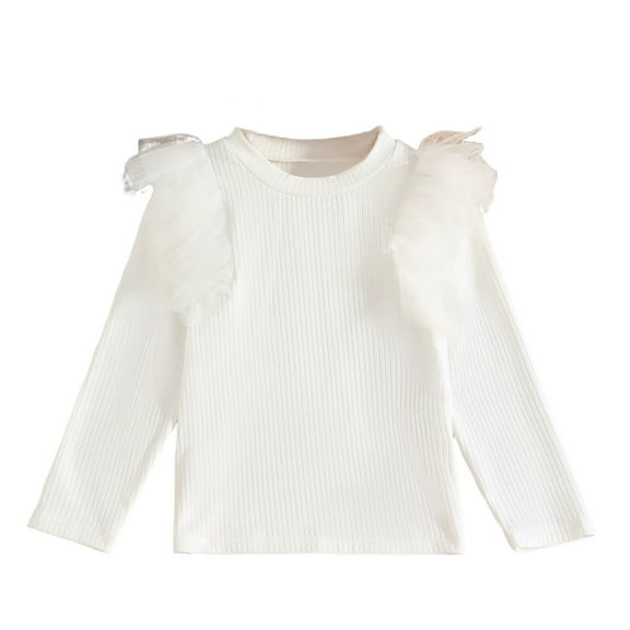 KyCheLot Toddler Girls Shirts Dressy Mesh Trim Long Sleeve Ribbed Knit Soft Crewneck Blouses 2-8 Years