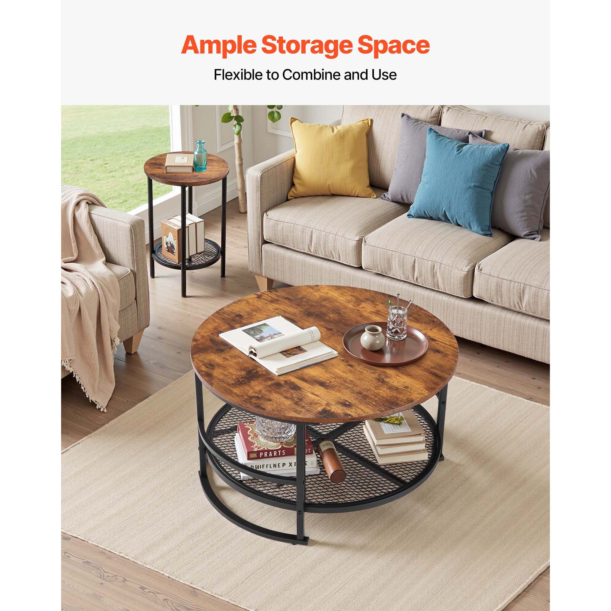 KFFKFF 3-Piece Round Coffee Table Set, 31.5-Inch Industrial Style Table with Two Side Tables, Easy-to-Assemble Metal-Leg Design for Living Room, Office, or Apartment