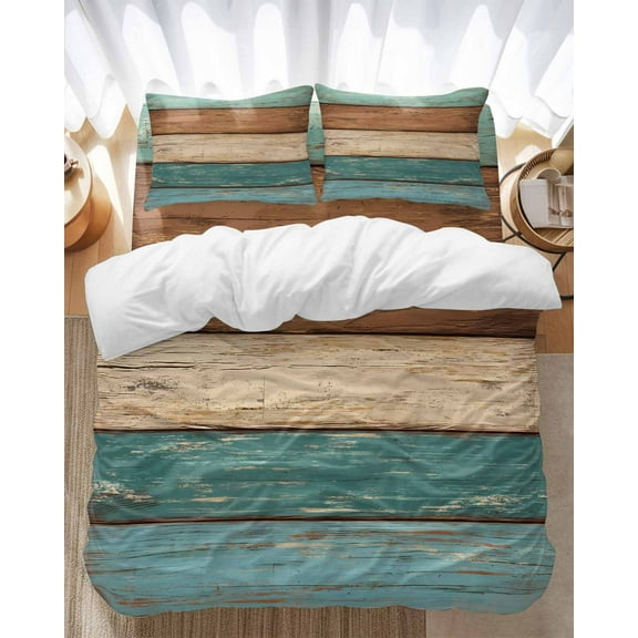 Vintage Wood Grain Bedding Duvet Cover Set King Size 4 Pieces Teal Turquoise Brown Stripe Board Farmhouse Bedding Set with Zipper Closure,1 Comforter Cover 92x106 Inches 1 Flat Sheet & 2 Pillow Cases
