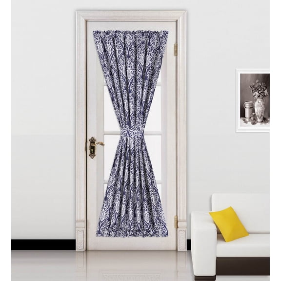  Ella Navy -White 2 Tone Color 1Pc French Door 55"W X 72"L Foam Backing Insulated Thermal Blackout Rod Pocket Curtain Panel With Matching 1 Tieback