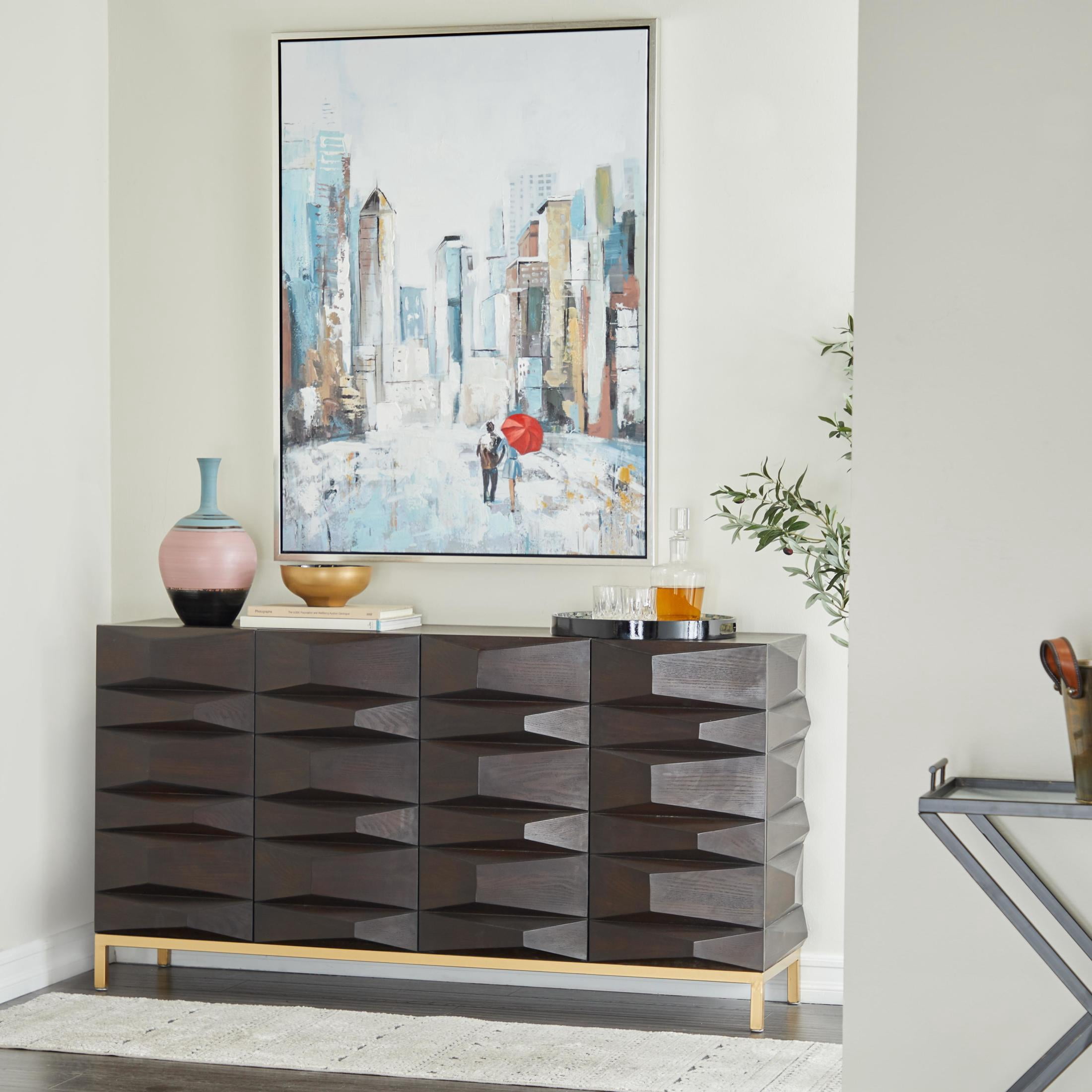DecMode 63" x 32" Dark Brown Wooden Geometric 4 Door Sideboard, 1-Piece