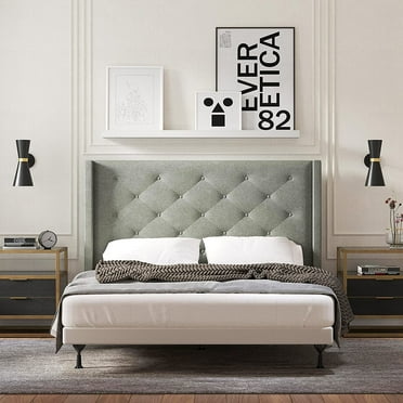 Glenwillow Home Huppe Button Tufted  Wingback Upholstered Headboard, Stone, Full/Queen
