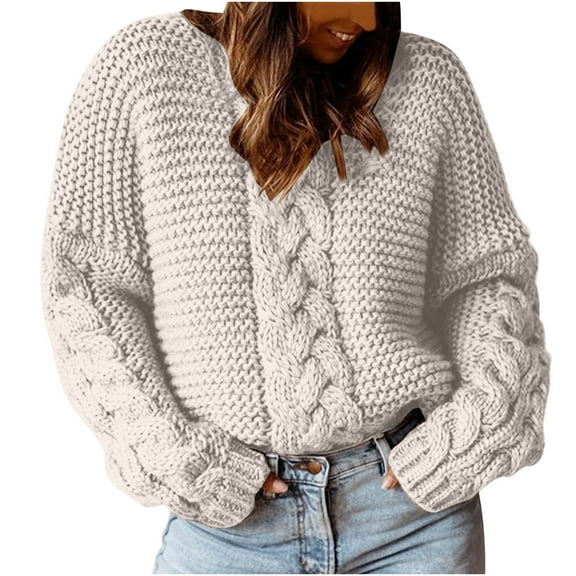 MaFYtyTPR Women Casual Sweater Winter Fashion Solid Color Pullover V-neck Dough Twists Loose Thermal Sweaters Beige L