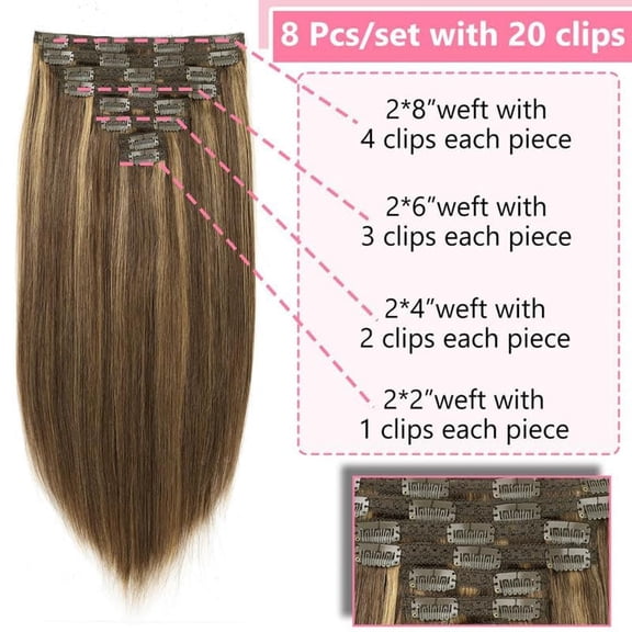 WEIF-Clip in Hair Extensions Real Human Hair 12 Inch Straight Clip Ins 8 Pcs Brazilian Remy Hair Extensions for Women #4/27 Chocolate Brown to Honey Blonde