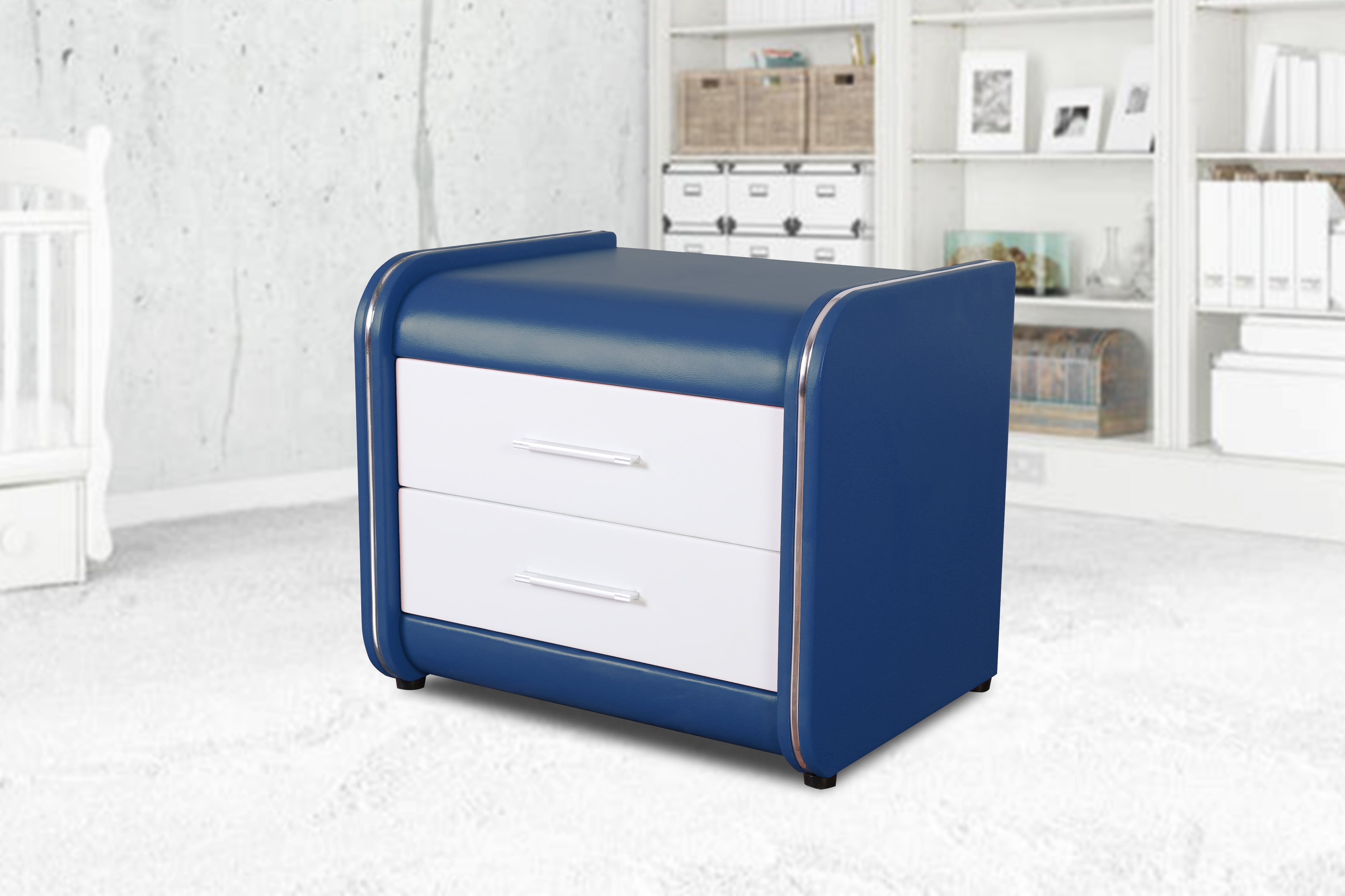 Greatime NL1002 Modern Vinyl Nightstand with Two Drawers, Blue&White