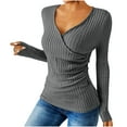 thumbnail image 2 of Otntypg Ribbed Sweaters for Women Lightweight Casual Slim Fit Basic Wrapped V Neck Solid Color Tunic Blouse Trendy Fall Spring Cozy Knitwear Shirts Gray XXL, 2 of 8