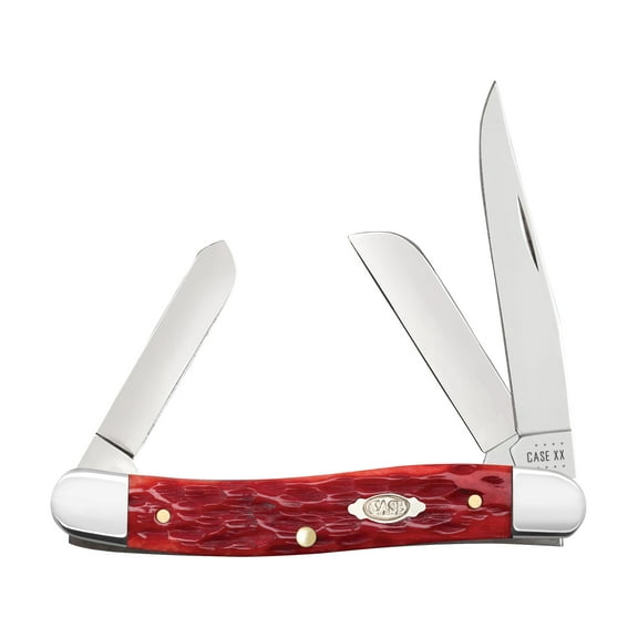 Case Medium Stockman Pocket Knife 2.57" Clip, Sheepfoot, and Pen Carbon Mirror Polished Blade Jigged Bone Handle Dark Red