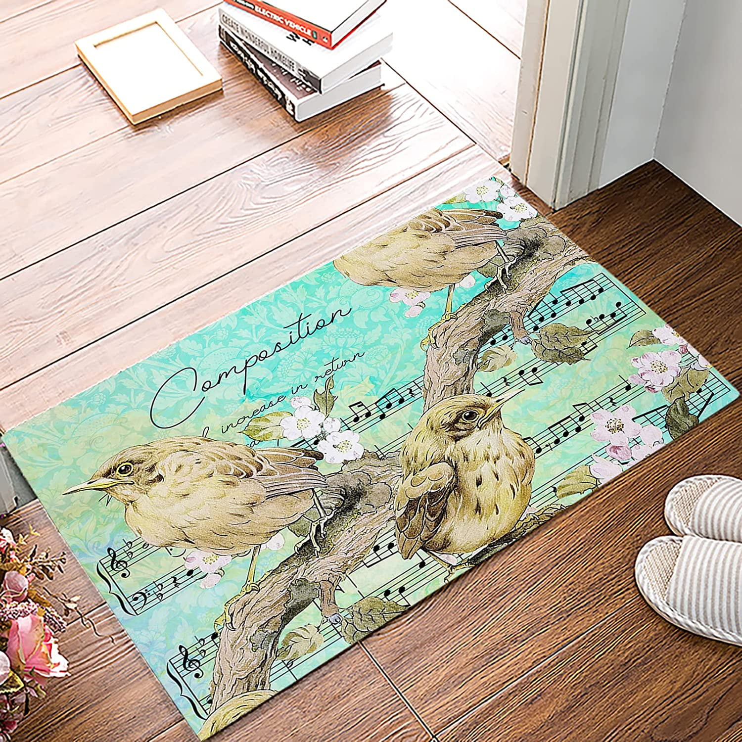 Spring ThemeKitchen Comfort Front Door Mats, Birds on Branch Art Notes