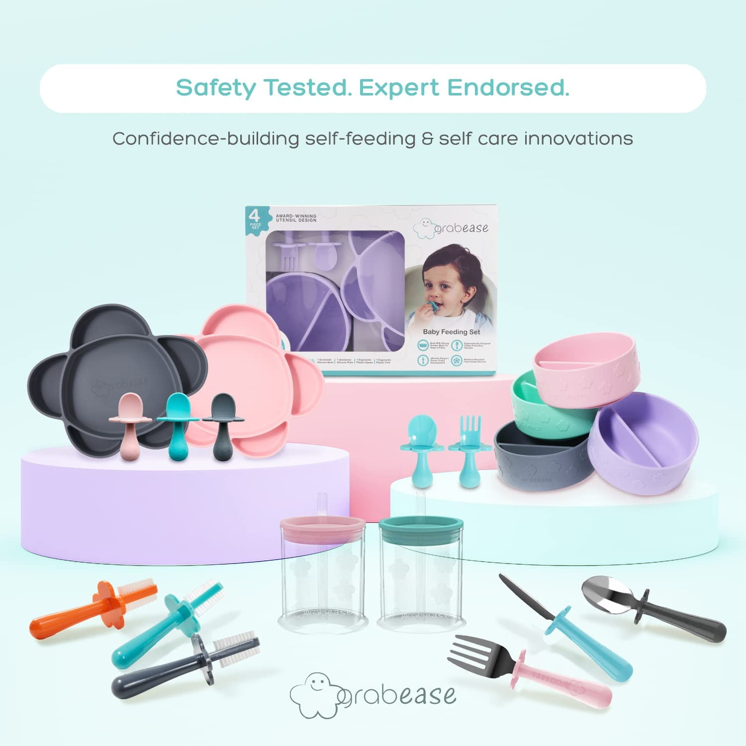Grabease Baby Essentials Must-haves - Complete Feeding Set- Suction Bottoms  4 Piece Set, Bpa And Phthalates-free, Blush : Target