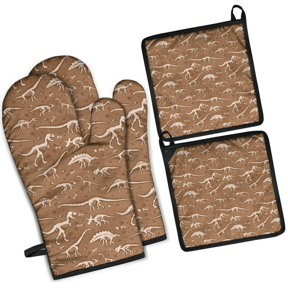 Brown White Dinosaurs Fossils Pattern Kitchen Oven Mitt and Pot Holder Sets 2 Pcs for Baking, Cooking and Grilling, Heat Resistant Up To 392 °F