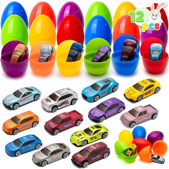 Joyfy 12 Pcs Easter Eggs Prefilled with Die-cast Cars,Diecast Cars Toy Vehicles for Kids Boys Easter Eggs Hunt,Basket Easter Stuffers,Easter Party Favors,Easter Egg Fillers,Classroom Prizes