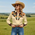 thumbnail image 2 of Women Western Cowgirl Cowboy Shirts Button Down Tops Floral Print Long Sleeve Snap Outfits Spring Fall Khaki XL, 2 of 5