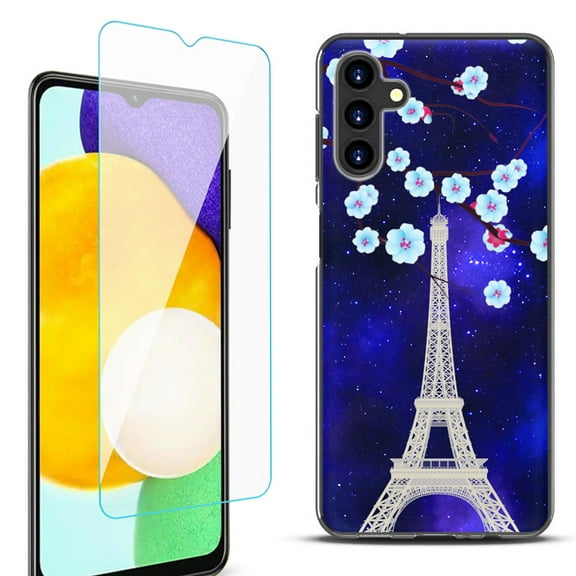Slim-Fit Protective Fashion Phone Case (Black) for Samsung Galaxy A13 5G, with Tempered Glass Screen Protector, by OneToughShield ® - Eiffel Tower Stars