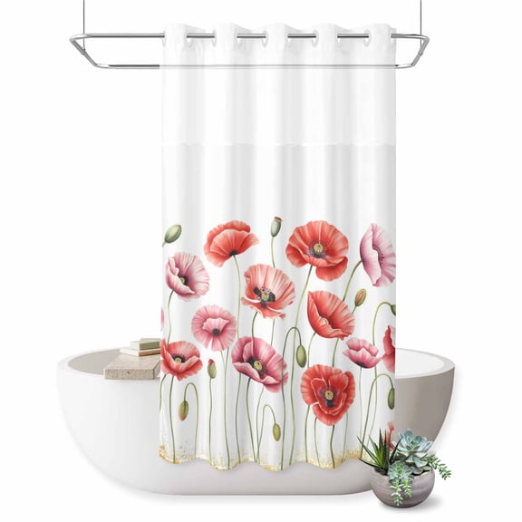 No Hook Shower Curtain, Red Pink Poppy Shower Curtains for Bathroom with See Through Top Window, Spring Summer Farmhouse Floral Botanical Waterproof & Washable Bath Curtain Small Stall 36"x78"