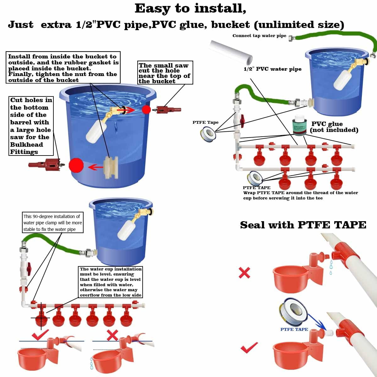 Complete Set Pipeline Automatic Chicken Waterer System(58 Accessories Included) for continuous water supply, Freestanding poultry waterer, Chicken Water Cups, Chicken Waters,Poultry Waterer