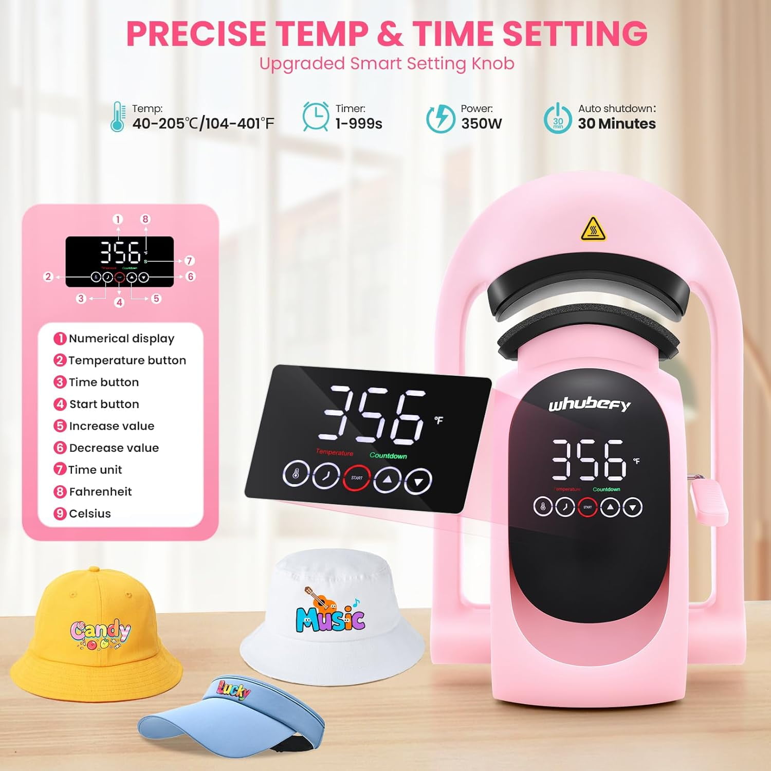 Adnoom 3-in-1 Cap Heat Press Machine, Hat Heat Press with 3pcs Replaceable Heating Pads, Automatic Release & Press, DIY Sublimation press for Caps T-Shirts Bags, Pink