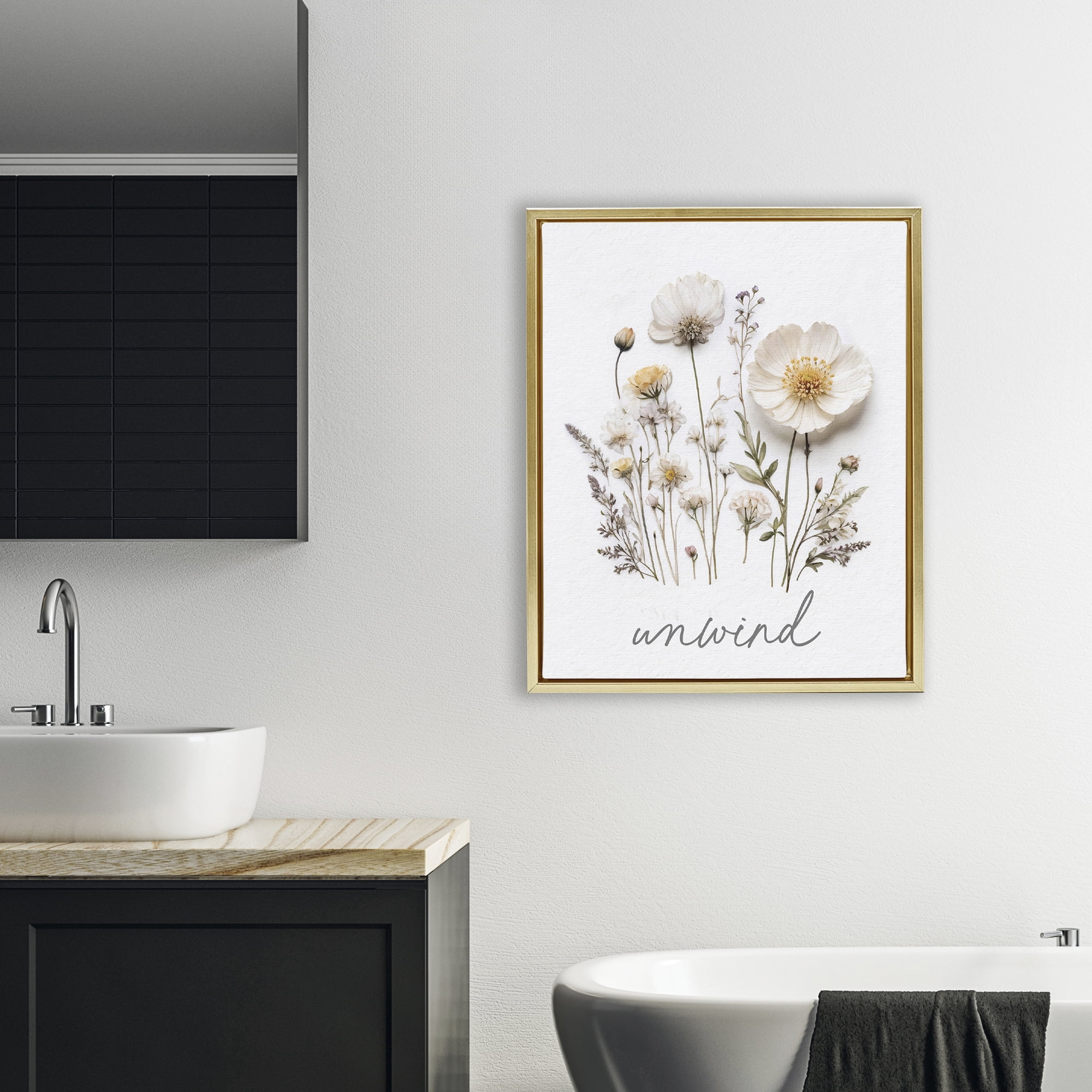 Pressed Flowers Unwind Gold Framed Floater Canvas Wall Art, design by Lettered and Lined