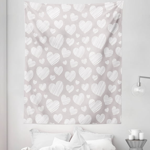 Neutral Tapestry, Valentines Day Theme Hand Drawn Hearts Diagonal Stripes Romantic Love Pattern, Fabric Wall Hanging Decor for Bedroom Living Room Dorm, 5 Sizes, Pearl and White, by Ambesonne