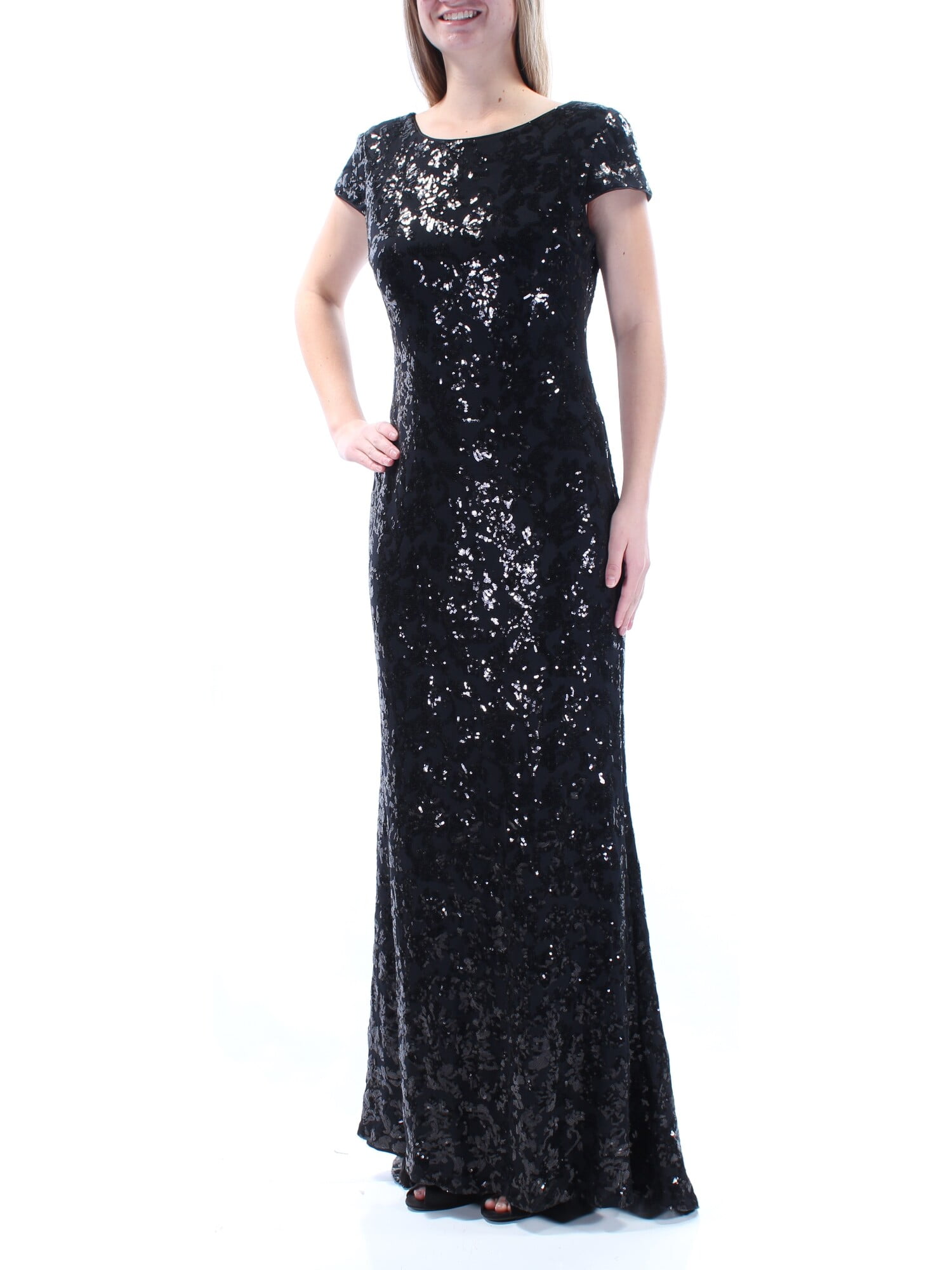 CALVIN KLEIN Womens Black Stretch Sequined Zippered Cowl-back Lined Cap Sleeve Boat Neck Full-Length Formal Gown Dress 2 CALVIN KLEIN Womens Black Stretch Sequined Zippered Cowl-back Lined Cap Sleeve Boat Neck Full-Length Formal Gown Dress 2
