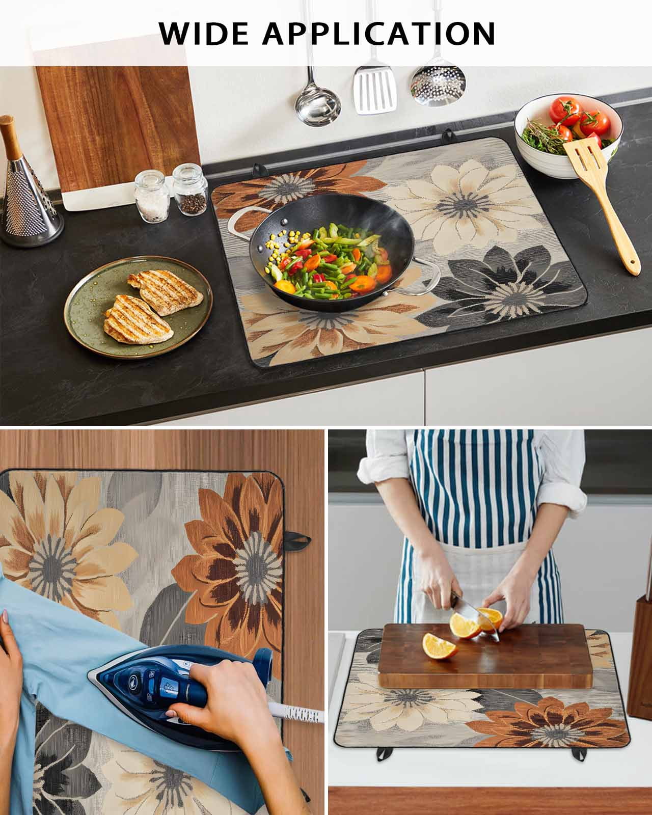 nqOlkjepod Large Induction Cooktop Protector Mat 36"x21", Burnt Orange Grey Black Flower Stove Top Covers for Electric Stove, Spring Floral Botanical Stove Burner Cover Mats, Glass Top Stove Cover
