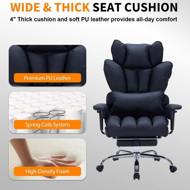 Office Chair with Footrest, 440LBS Capacity Big and Tall Executive Chair, Ergonomic High Back Desk Chair with Reclining Function, Faux Leather Computer Chair for Home Office
