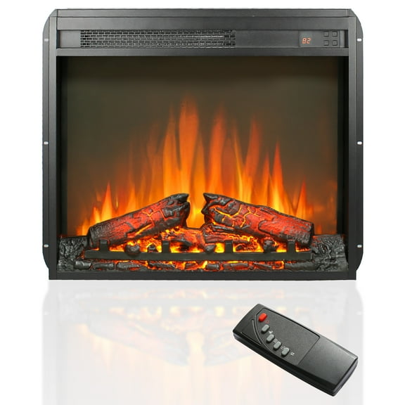 HZWDD 23 inch electric fireplace insert, ultra thin heater with log set & realistic flame, remote control with timer, overheating protection