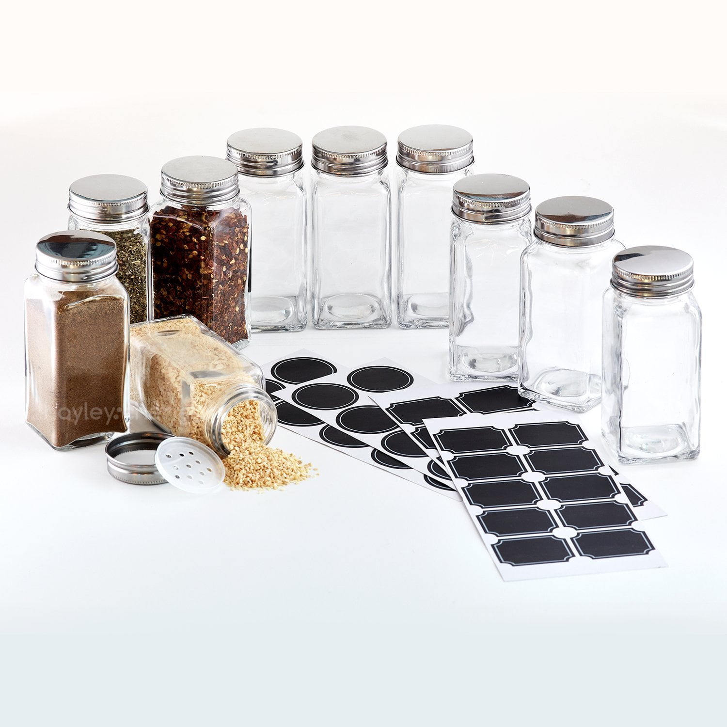 - 6 Oz Large Square Glass Spice Jars (Set of 10) - Chalkboard Labels Stainless Steel Glass Spice Jars