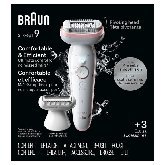 Tête pivotante Braun Silk-épil 9, épilateur pour peau sèche et mouillée, comprend une tête de rasoir et un accessoire tondeuse, paq. de 1, SES9-030