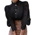 thumbnail image 2 of Women Elegant Lace Trim Shirts Casual Victorian Blouse Long Sleeve Button Down Tops Black L, 2 of 8