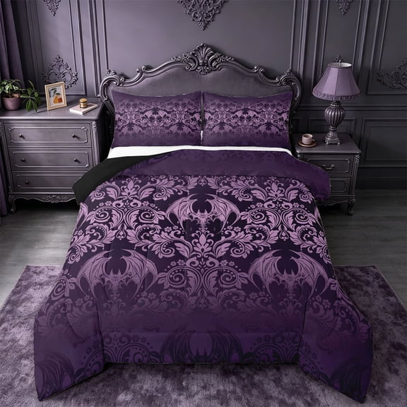 meiyoeat Vintage Damask Print Queen Comforter Set For Adults,Gothic Bat Comforter Sets Queen For Men Women, Purple Black,Black Reversible,3-Piece