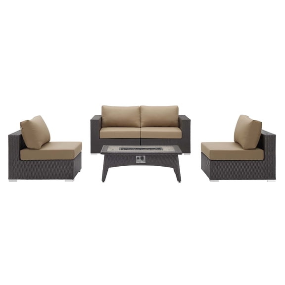 Contemporary Modern Urban Designer Outdoor Patio Balcony Garden Furniture Lounge Sofa, Chair and Coffee Table Fire Pit Set, Fabric Rattan Wicker, Light Brown