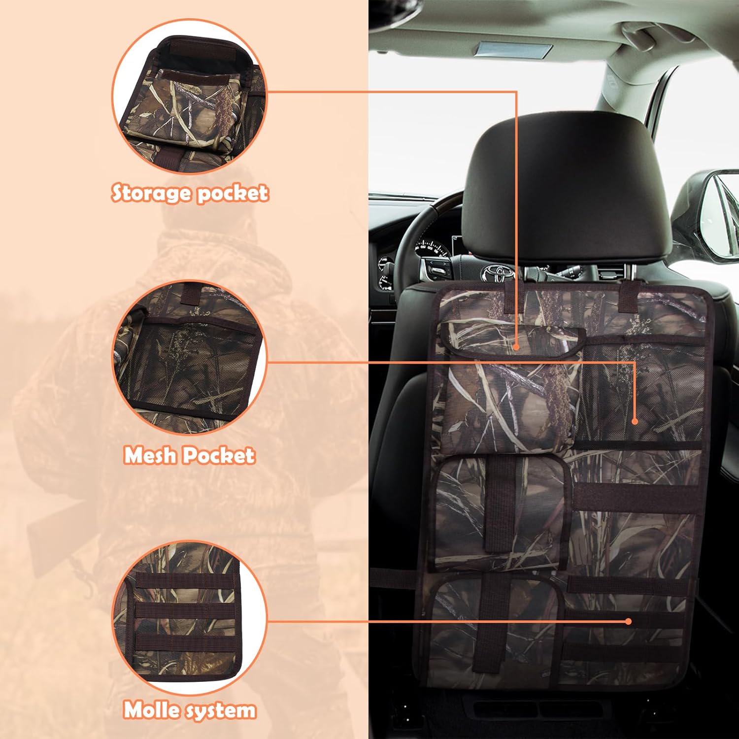 2 Pack Seat Back Gun Rack for Truck, Camo Gun Holder for Car with Molle Panel, Gun Sling Bag Front Seat Gun Organizer Truck Gun Rack for Hunting Gear, Gun Storage for Hunting Rifles SUV