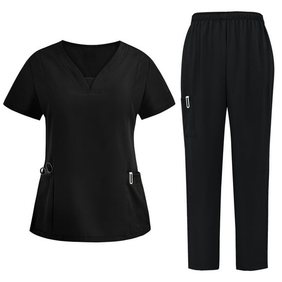 HaiMao Ensemble de Sarrau pour Femmes, Haut à Col en V Extensible et Pantalon Cargo, en Liquidation, Noir, P(S)