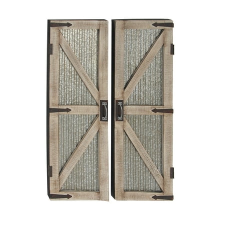 Wrought Iron Glass Doors - Decmode Set of 2 Rustic Iron and Wood Barn Style Door Panels, Silver